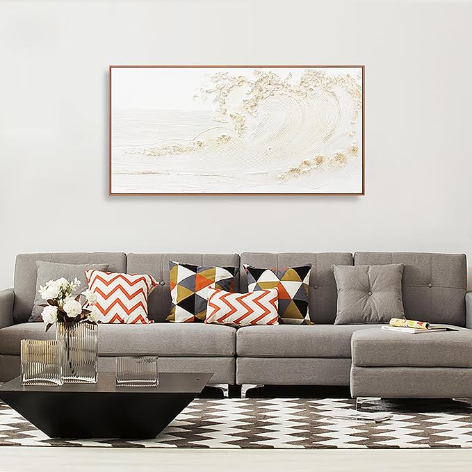 Wall Art Small Size Framed Home Artwork Decor Hand Painted White wave with golden embellishments Modern Canvas Painting For Living Room Decor For Bedroom Office Wall Decor 20"X 40"