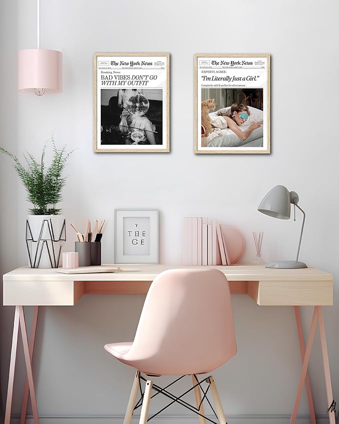 EcoHest Small Trendy Newspaper Audrey Hepburn Magazine Framed Wall Art, 8x10 in OAK Wood I‘m Literally Just a Girl Canvas Wall Art Home Decor, Beige Retro Set of 1 For Bedroom Living Room