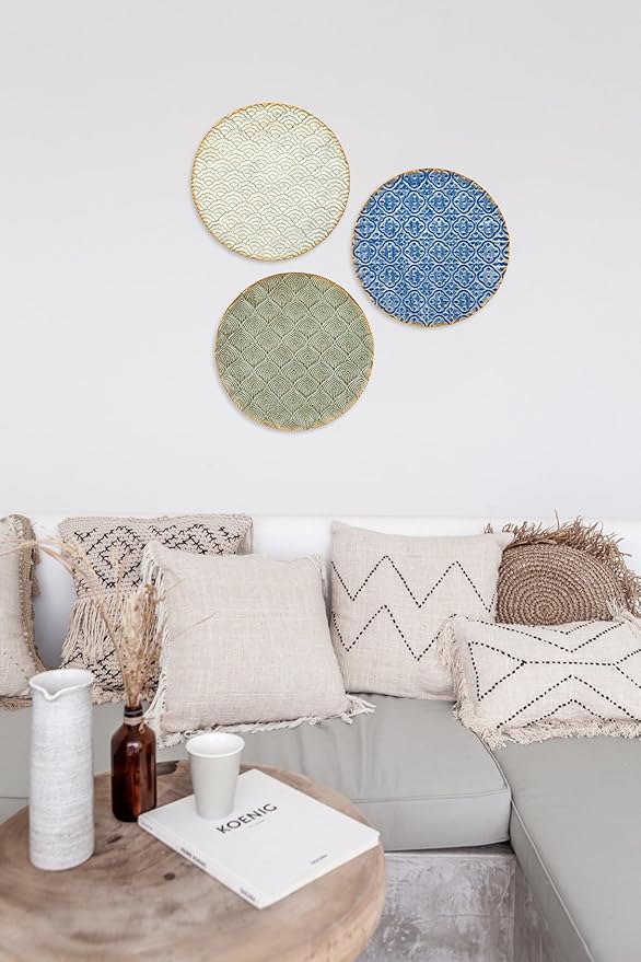 Briful 12" Wall Décor Pack of 3 Metal Blue White Washed Starbursts Radial Plate Wall Art Modern Accent Hanging Wall Decorations For Home Office Bedroom Or Living Room Wall Sculptures