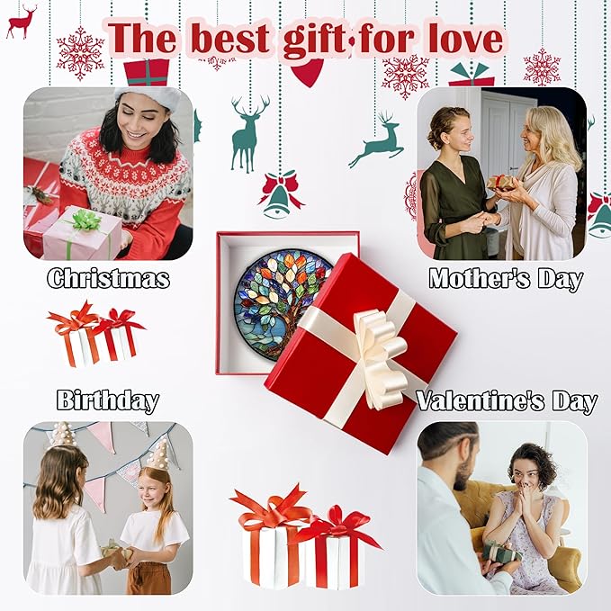 Stained Glass Window Hanging, Colorful Tree of Life Sun Catchers Glass Panel Blue Suncatcher Decor for Birthday for Women, Men, Wife, Aunt, and Mom 14.9x14.9 in