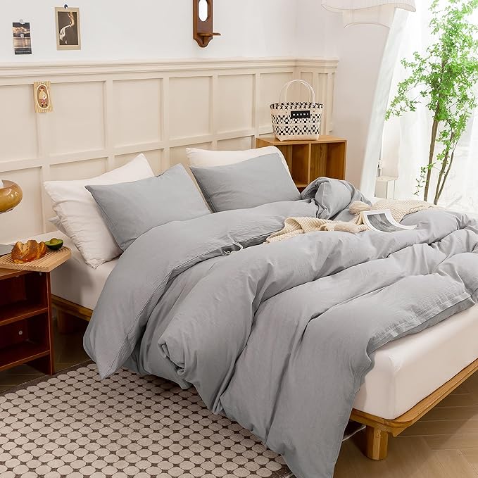 ECOCOTT Duvet Cover Set, 100% Washed Cotton Linen-Like Textured Soft & Breathable, Durable Comfy Bedding Set for All Seasons (Light Grey, King)