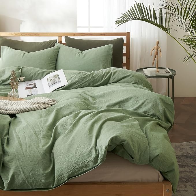 AMWAN Sage Green Duvet Cover Full Size Bedding Sets Soft 100% Washed Cotton Duvet Cover Solid Color 3 Piece Comforter Cover 1 Full Duvet Cover with 2 Pillow Shams Boho Light Green Bedding Sets