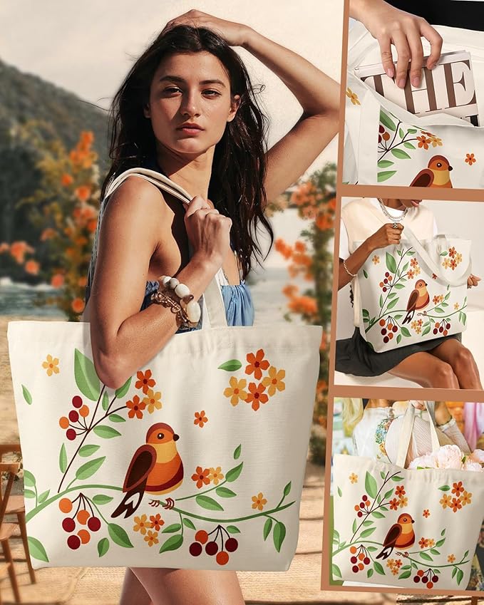 Large Tote Bag for Women - Aesthetic Cute Big Canvas Bags with Zipper Cotton Shoulder Bag for Gym, Travel, Work