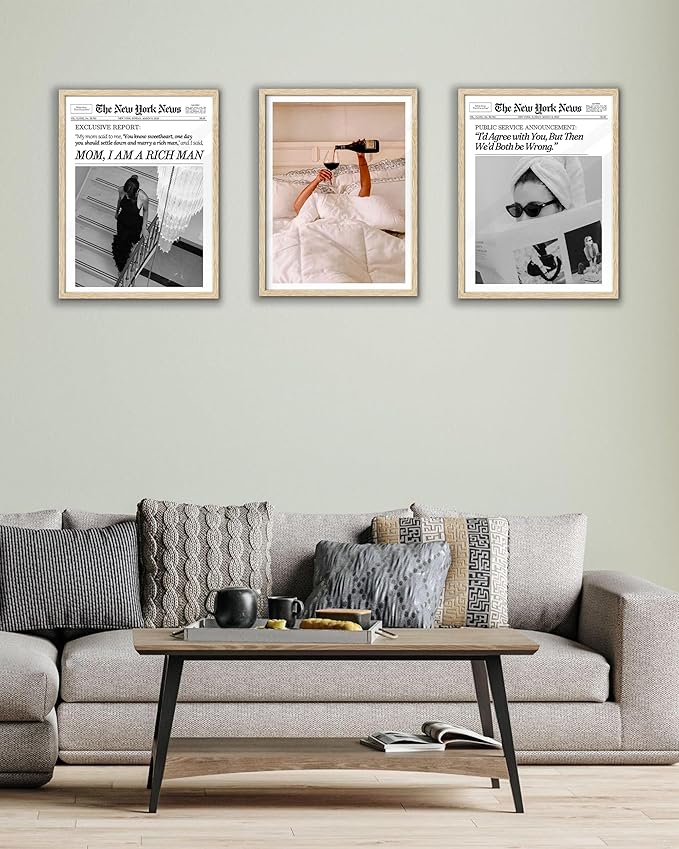 EcoHest Small Trendy Newspaper Framed Wall Art, 8x10 in OAK Wood Mom I Am a Rich Man Canvas Art, Magazine Girly Poster College Dorm Decor, Beige Logs Set of 1 for Bedroom Living Room