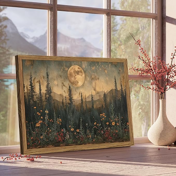 Vintage Moon Forest Wall Art, 3D Textured Nature Landscape Wall Decor Paintings, Hand Drawn Sandstone Woodland Wildflower Picture Prints Artwork for Bedroom Living Room 16x24 inch Wood Framed