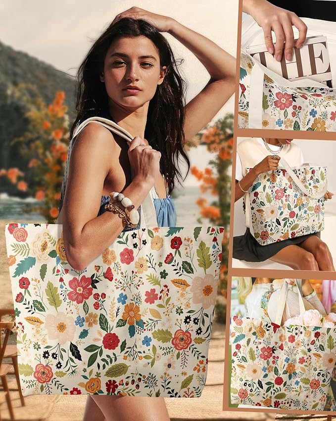 Large Tote Bag for Women - Aesthetic Cute Big Canvas Bags with Zipper Cotton Shoulder Bag for Gym, Travel, Work