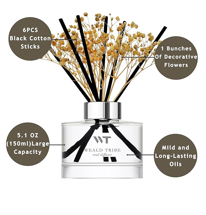 WEALD TRIBE Flower Reed Diffuser Set Vanilla Cinnamon Scent for Bathroom Accessories Shelf Decor & Air Fresheners, Fresh Air Sticks Defusers with 5.1 fl oz Essential Oils, House Office Decor & Gifts