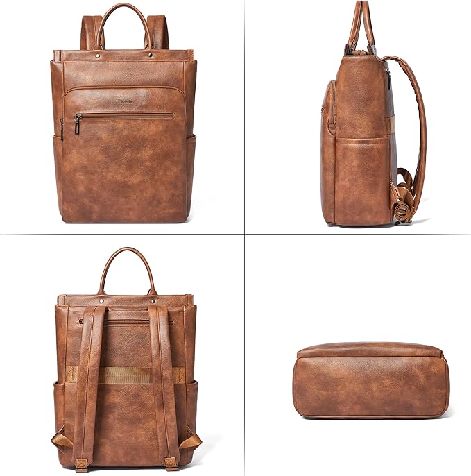 Leather Laptop Backpack for Women, Travel Backpack Purse Fits 15.6 Inch Laptop, Casual Daypack with Laptop Compartment for Teachers College Work Business Nurse Weekender, Brown