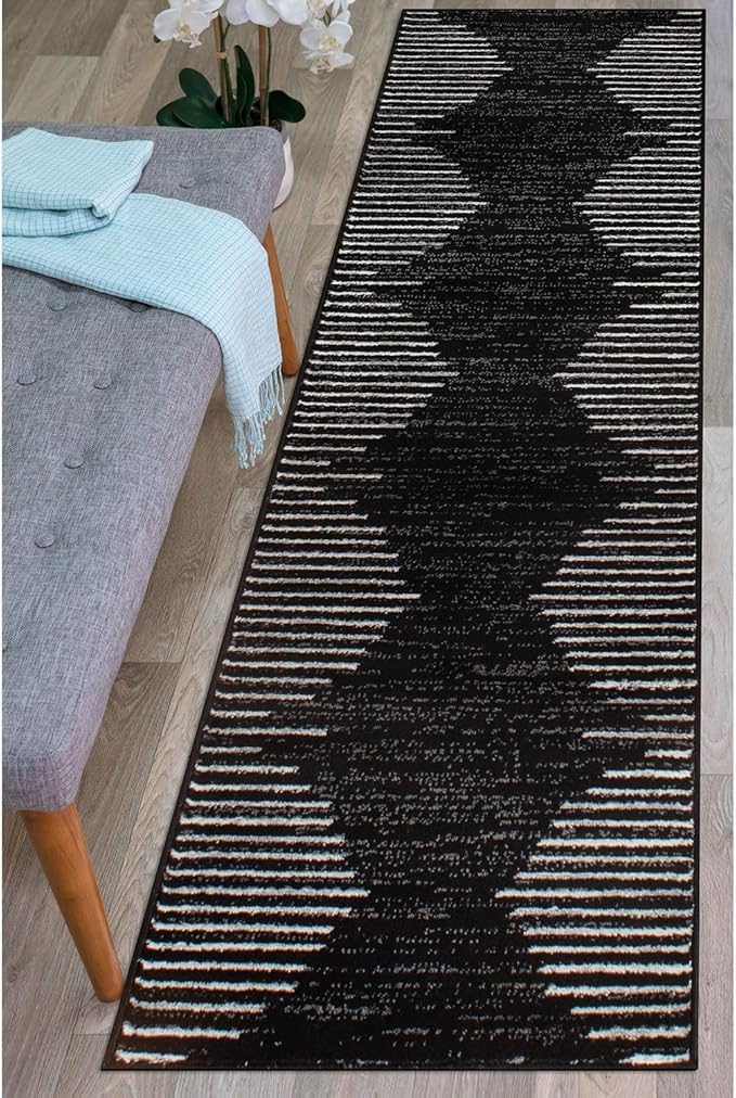 Rugshop Bohemian Stripe Stain Resistant High Traffic Living Room Kitchen Bedroom Dining Home Office Runner Rug 2' x 10' Black