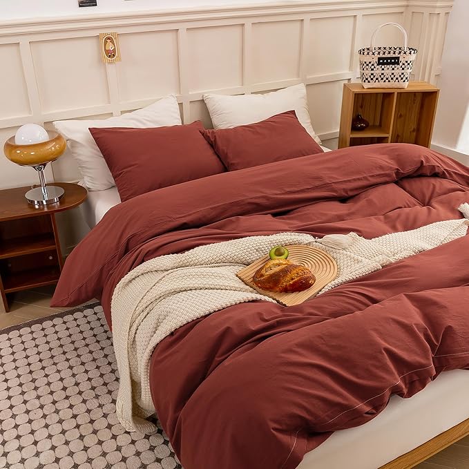 ECOCOTT Duvet Cover Queen Size - Linen Feel Textured Organic Natural 100% Washed Cotton, Soft Breathable 3 Pieces Bedding Set with Zipper Closure, Burnt Brick Red