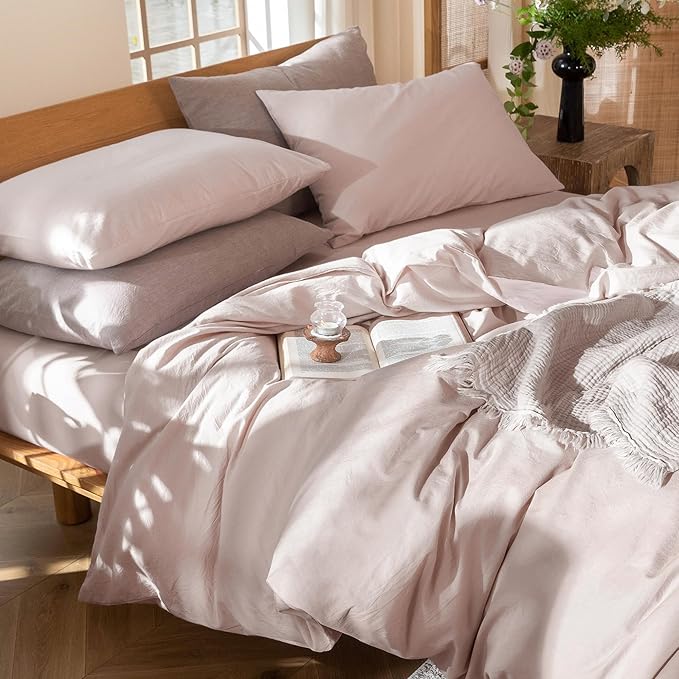MooMee Bedding Duvet Cover Set 100% Washed Cotton Linen Like Textured Breathable Durable Soft Comfy (Heathered Greyish Pink, Palatial King/Oversized King 120"x98")