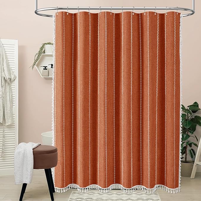 BTTN 78 Inch Long Shower Curtain - Boho Farmhouse Striped Linen Fabric Shower Curtain Set with Tassel, Water Repellent, Tall Country Shower Curtain for Bathroom with Hooks, 72"x78", Burnt Orange