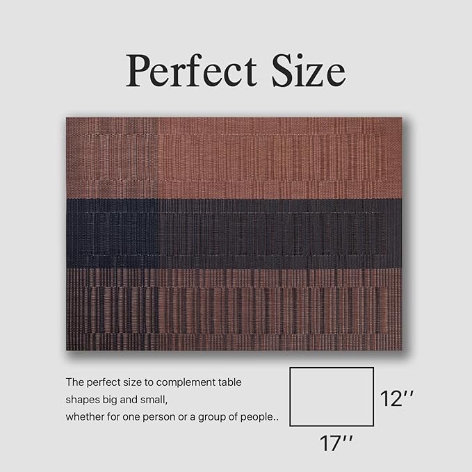 Placemats Set of 8 - Easy Clean Woven Vinyl Placemats for Dining Table, Indoor/Outdoor Place Mats, Washable PVC Table Mats (Ombre Brown Black)