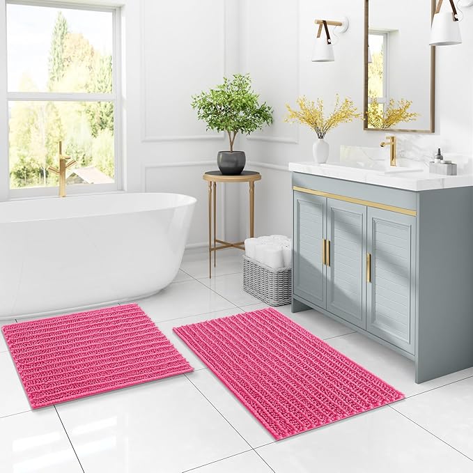 Arotive Luxury Chenille Bathroom Rug Mat, Extra Soft Thick Absorbent Shaggy Bath Rugs, Non-Slip Machine Wash Dry, Plush Bath Mats for Bathroom, Shower and Tub, 24x16, Deep Pink