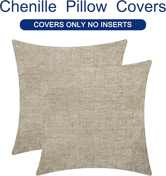 CaliTime Throw Pillow Covers Decorative 24 X 24 Inches Pack of 2 Cozy Chenille Cushion Case for Couch Sofa Bed Living Room Home Light Taupe