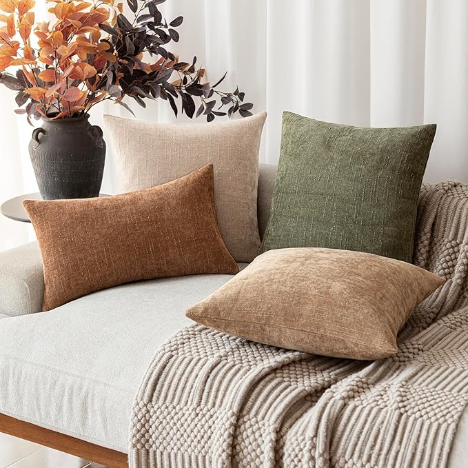 Foindtower Set of 2 Soft Textured Chenille Throw Decorative Pillow Covers Square Accent Solid Cushion Cover Cozy Neutral Farmhouse Pillow Case for Couch Sofa Bedroom Living Room 22x22 Inch,Cream Camel