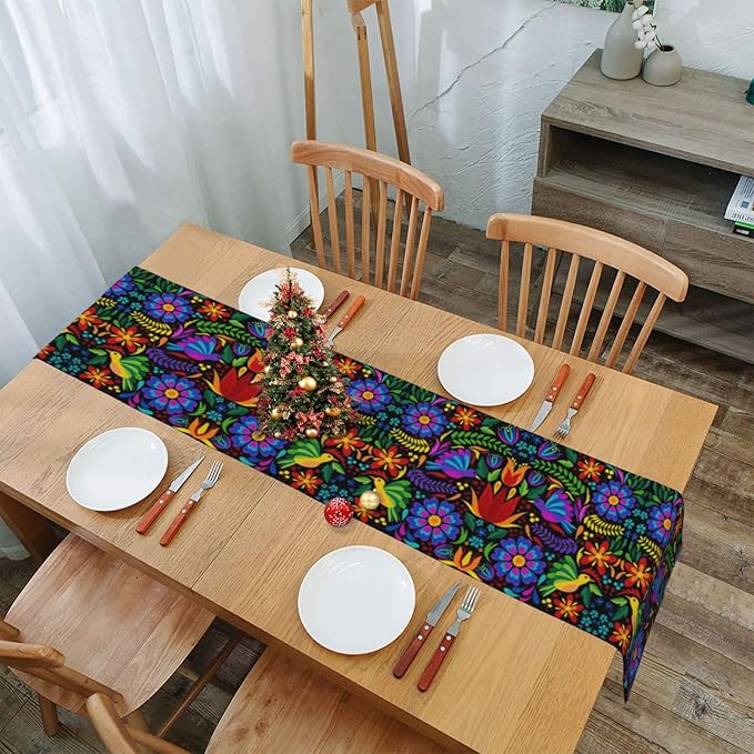 Mexican Pattern Table Runner Burlap Seasonal Kitchen Dining Linen Table Decoration for Indoor Outdoor Home Party Dinner 13x72 Inch