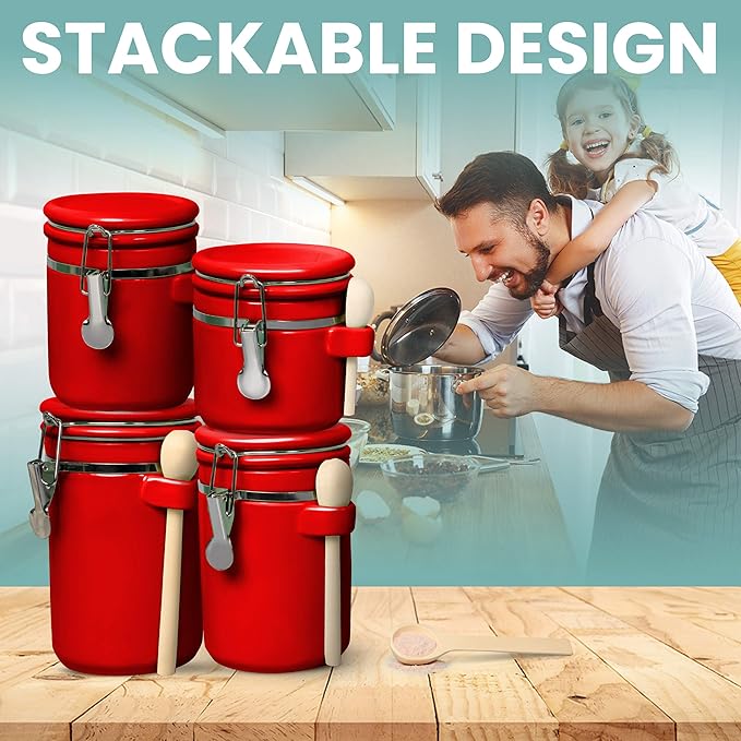 Home Intuition Smell Proof 4-Piece Ceramic Kitchen Canisters Set, Airtight Containers with Wooden Spoons Reusable Chalk Labels and Marker for Sugar, Coffee, Flour, Tea (Red)