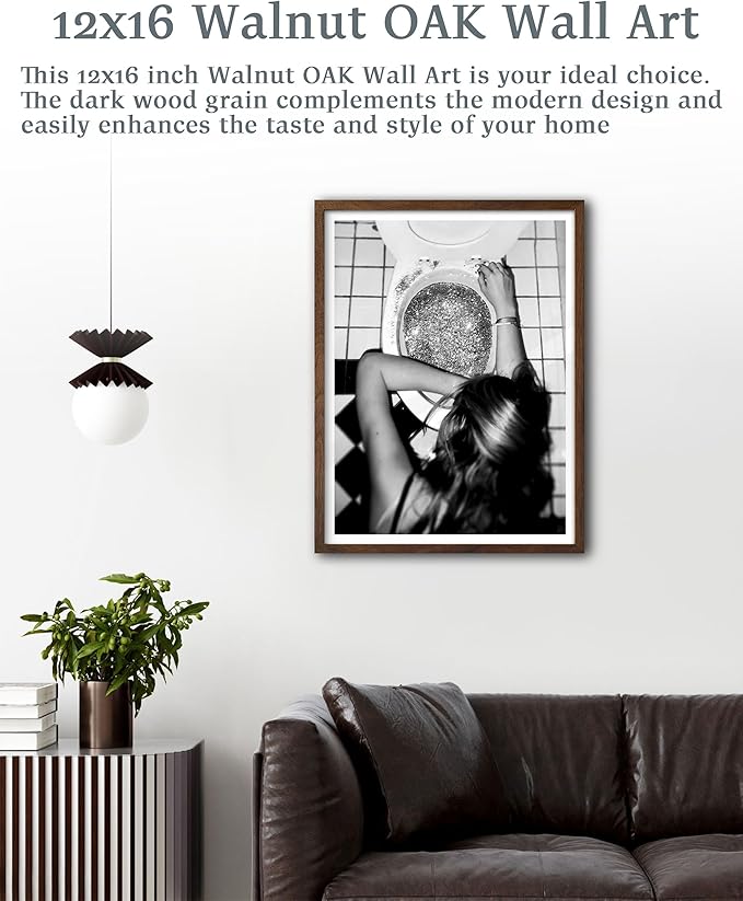 EcoHest Trendy After the Disco Party Framed Wall Art, Walnut Color 12x16 in OAK Wood Black and White Funny Bathroom Canvas Art, Teen Girl Poster College Dorm Decor, 1Pack For Bedroom Living Room