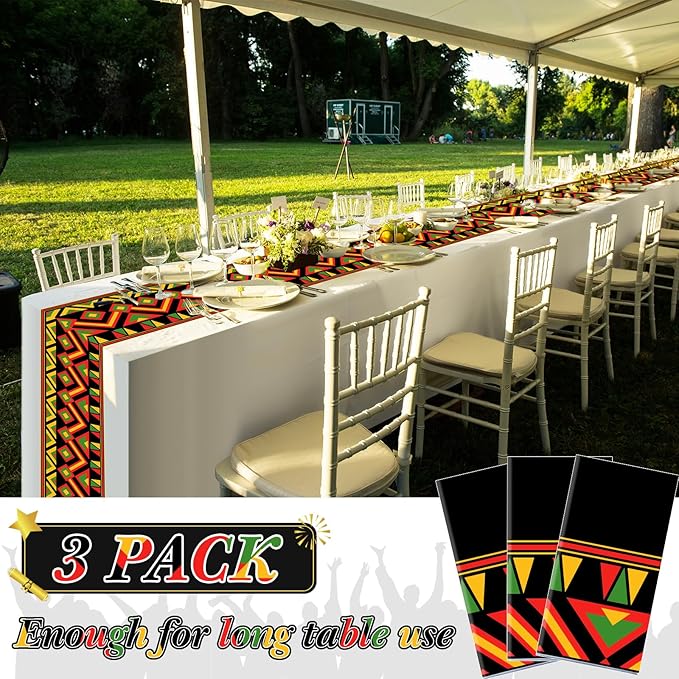Kinlop 3 Pcs Black History Tablecloth 108 x 51 Inch Juneteenth Kwanzaa Table Covers Plastic Waterproof Disposable Table Clothes for Africa American Independence Freedom Party Supplies(Kente)
