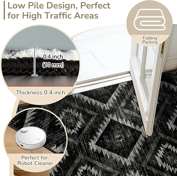 Area Rug 9x12 Rug Machine Washable Non-Slip Low Pile Print Pattern Western Rug for Living Room Bedroom Entryway Tribal Series -Black