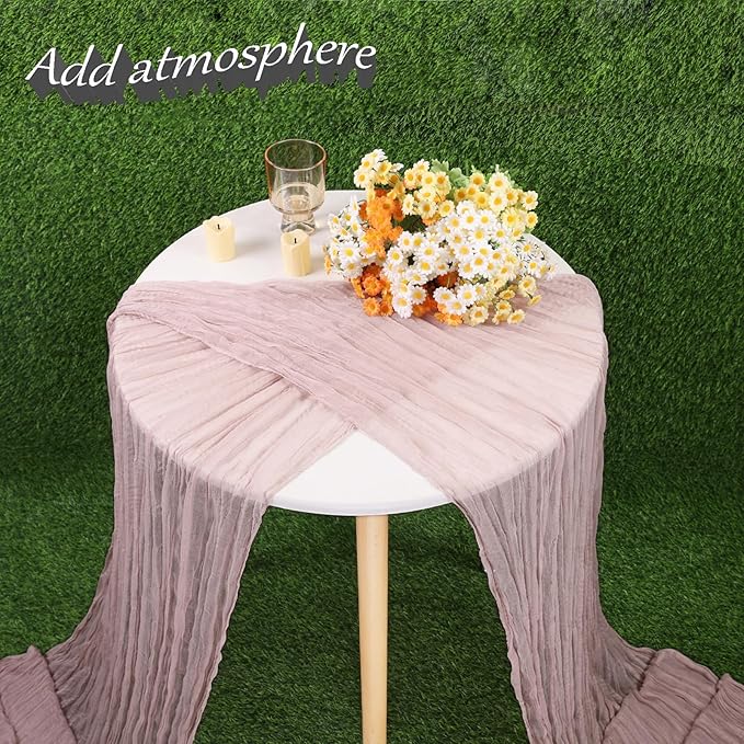 Crinkle Cheesecloth Table Runner 35x160 Inch Long Dusty Pink Boho Table Runner Rustic Gauze Wedding Dining Table Decorations for Holiday Birthday Party Baby Shower Event Decorations