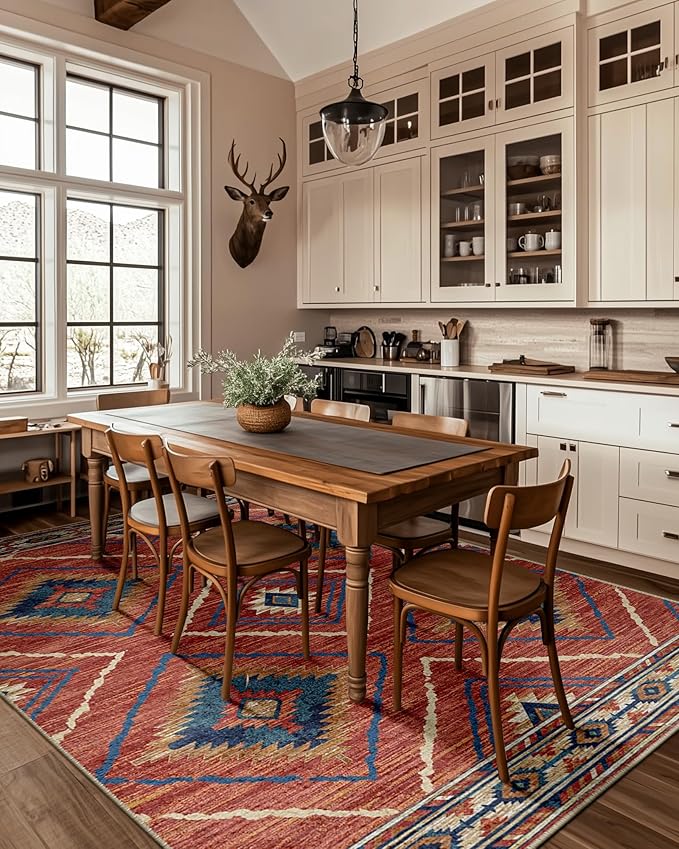 Area Rug 3x5 Rug Machine Washable Non-Slip Low Pile Print Pattern Western Rug for Living Room Bedroom Entryway Tribal Series -Red/Orange