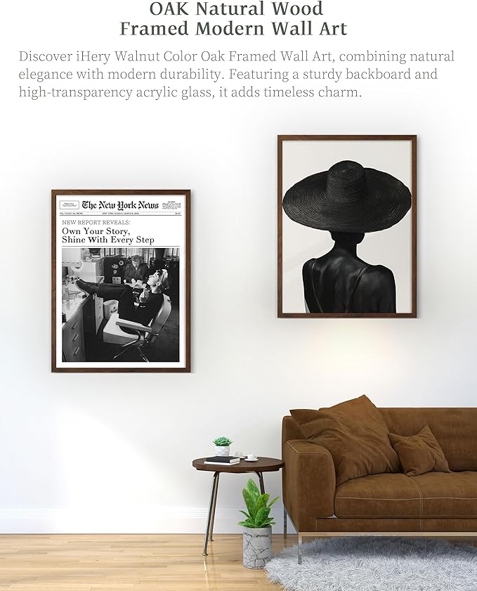 iHery Natural OAK Wood Black Girl Walnut Color Framed Wall Art, 12x16 in Black and White Modern Canvas Wall Art, Trendy African American Black Bedroom Decor, Set of 1 For Bathroom Living Room