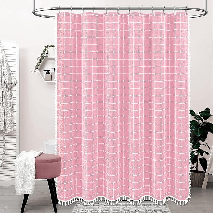 BTTN 78 Inch Long Shower Curtain - Boho Farmhouse Linen Ultra Thick Fabric Shower Curtain Set with Plastic Hooks, Tall Rustic Country Weighted Cloth Shower Curtains for Bathroom Decor - Pink - 72x78