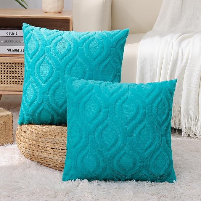 decorUhome Fall Throw Pillow Covers 20x20 Inch Set of 2, Soft Plush Decorative Faux Fur Turquoise Solid Couch Pillow Covers, Accent Farmhouse Neutral Square Euro Pillow Cases for Sofa Bed Living Room