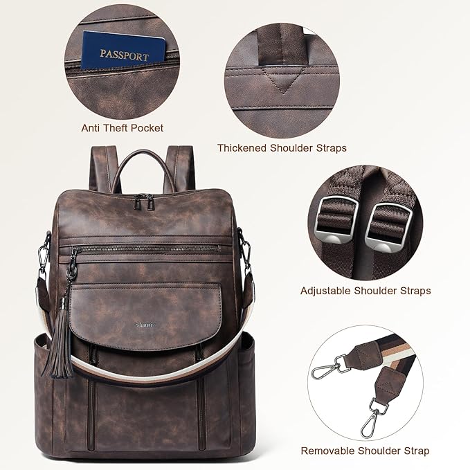 Shrrie Laptop Backpack for Women 15.6 inch,Travel Leather Backpack Purse Nurse Teacher Carry on Backpack Computer Bag,Professional Water-Resistant College Business Work Casual Daypack,Deep Gray