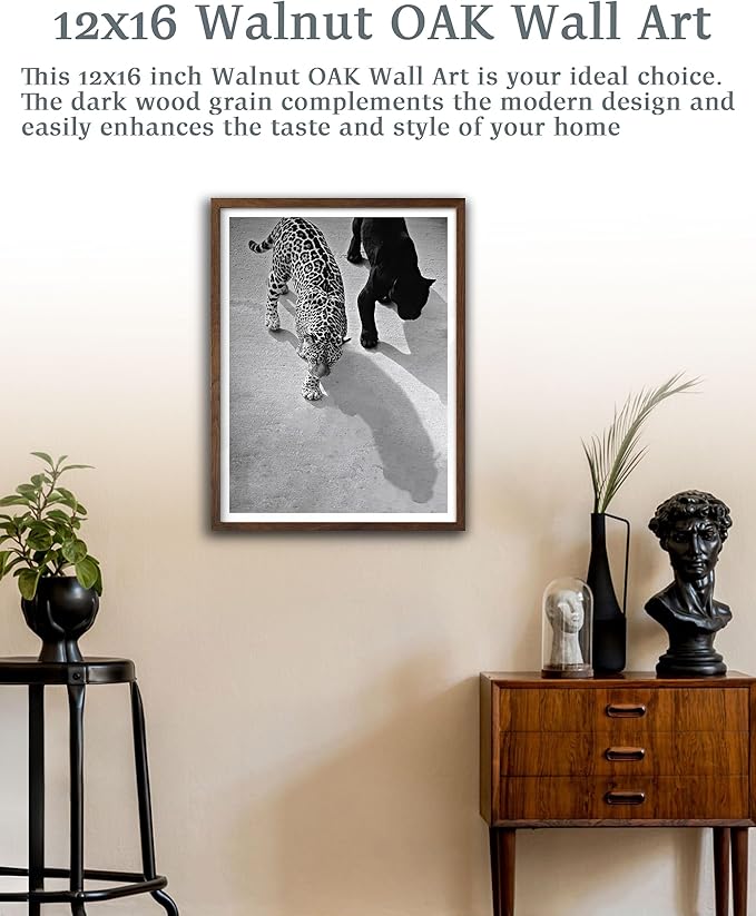 EcoHest Cheetah and Jaguar Walking Framed Wall Art, Walnut Color 12x16 in OAK Wood Vintage Black and White Funny Bathroom Canvas Art, Fashion 1950s Poster Decor, Set of 1 for Bedroom Living Room