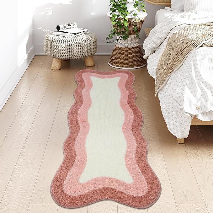 HAOCOO Pink Bathroom Rug Runner, 24x59 Inch Soft Non Slip Bath Rugs for Bathroom, Microfiber Absorbent Washable Irregular Shaped Rug Floor Mat for Bedroom Bathtub Tub Shower