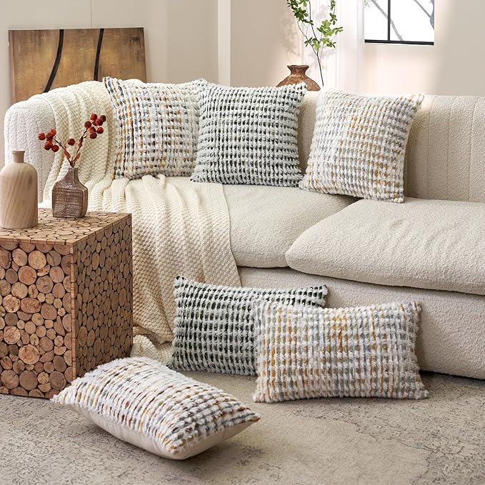 Aeckself Boho Chenille Tufted Pillow Cover 18 x 18 Inch, Decorative Square Throw Pillow Cover Neutral Pillowcase for Couch Bedroom Living Room, Orange White