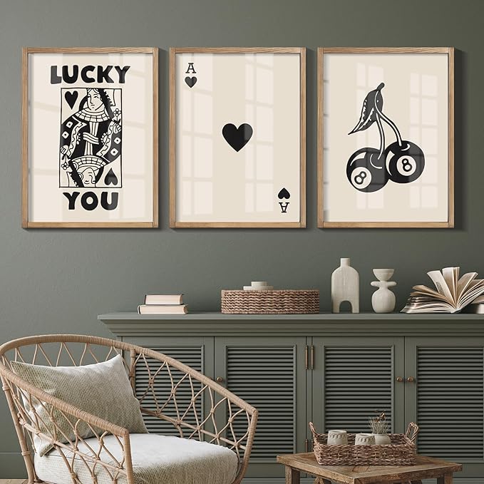 Heiple Framed Set of 3 Poker Wall Art Lucky You Poster, Trendy Retro Print Wall Decor for Queen of Hearts Wall Art Rustic Vintage Farmhouse Home Wall Decor(Brown 12"x16")