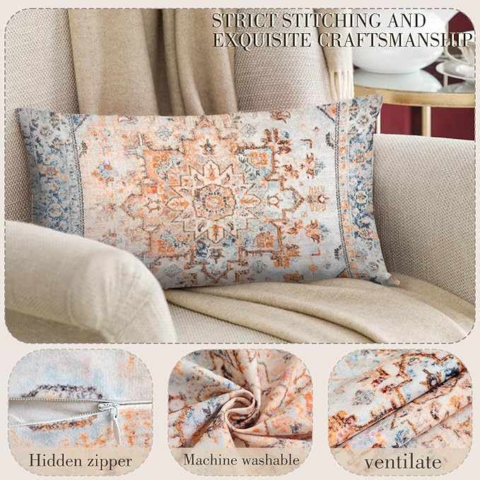 Boho Throw Pillow Covers 12x20 inch Set of 2,Boho Vintage Carpet Pattern Antique Ethnic Decor Double Sided Pattern Cushion Cover Soft Pillow Case Living Sofa Room Bed Square Pillow Cover