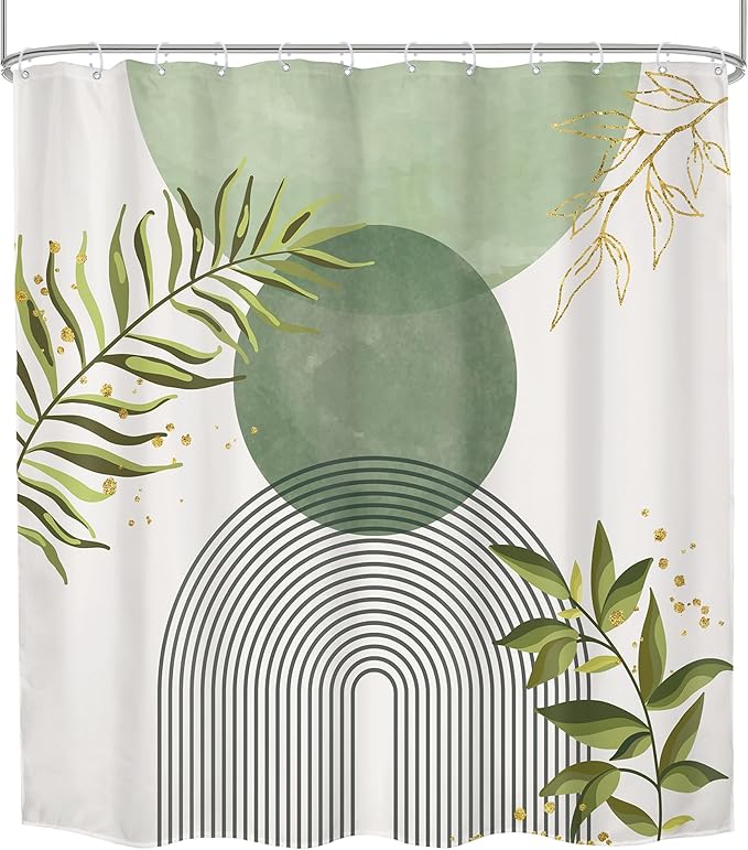 Sage Green Boho Shower Curtain 72Wx84H Extra Long Modern Abstract Bohemian Leaves Minimalist Neutral Botanical Arch Bathroom Decor Mid Century Plant Bath Curtain Fabric Polyester 12 Pack Hooks