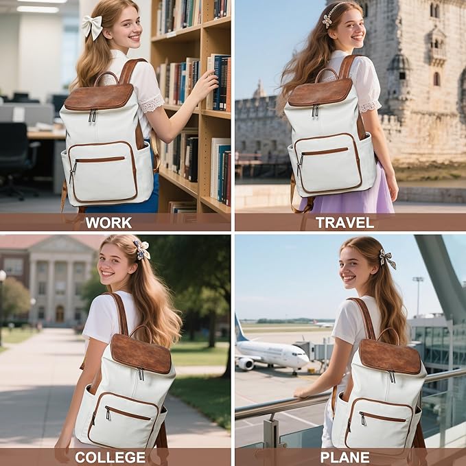 Leather Laptop Backpack for Women, 15.6 Inch Travel Backpack with Laptop Compartment, Casual Daypack Fashion Travel Backpack Purse for Travel College Work, Beige Brown