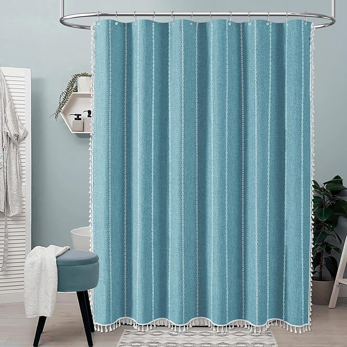 BTTN Extra Long Shower Curtain, 96 Inch Boho Rustic Striped Fabric Shower Curtain Set with Tassel, Water Repellent, Tall Bohemian Chic Farmhouse Shower Curtain for Bathroom with Hooks, 72x96, Teal