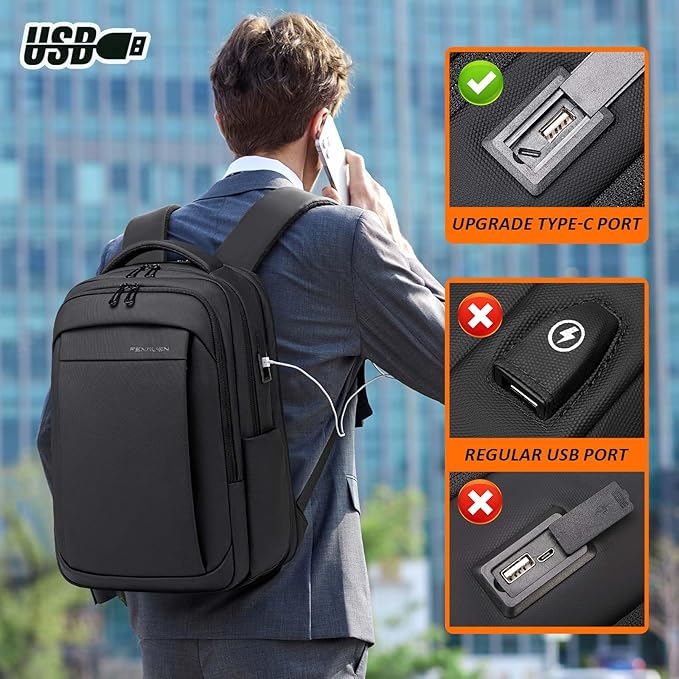 FENRUIEN Expandable Travel Backpack for Men, Water Resistant Computer Backpack with USB Charging Port,Black Laptop Bag 15.6 Inch