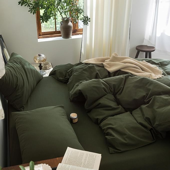 FOSSA Duvet Cover Set 100% Washed Cotton Linen Feel Super Soft Breathable Cozy Simple Style 3 Pieces Bedding Sets Solid Olive Green Oversized King Plus