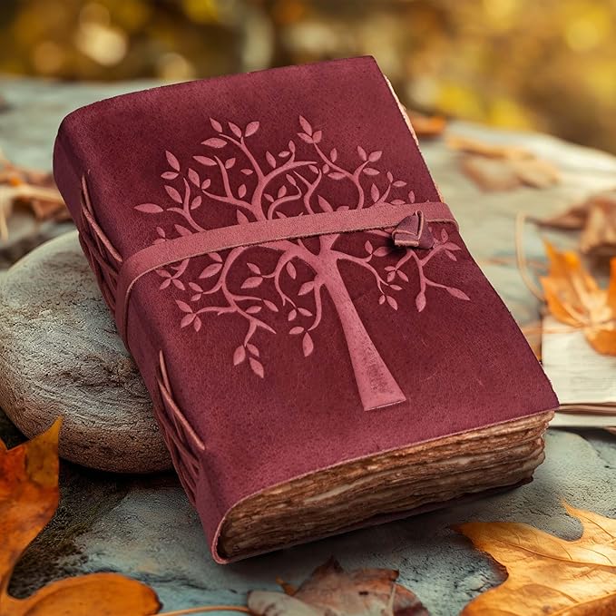 LEATHER VILLAGE Tree of Life Journal - 8"X6" (A5) inches - Fuchsia - 200 Antique Deckle Edge Handmade Paper – Book of Shadows - Vintage Leather Bound Journal for Women & Men