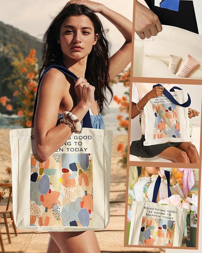 Aesthetic Heavy Canvas Tote Bag with Pocket for Women, Cloth Gusseted Totes Bag with Pattern for Shopping