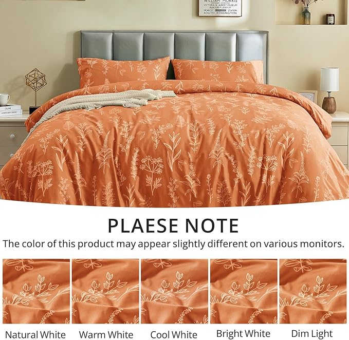 MUXHOMO Duvet Cover Queen Size, Reversible Floral Caramel Duvet Cover Set with Zipper Closure, 3 Pieces Botanical Patterns Soft Microfiber Bedding Set with 4 Ties (90"x90", 2 Pillow Cases)