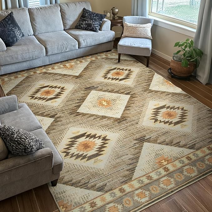 Area Rug 6x6 Rug Machine Washable Non-Slip Low Pile Print Pattern Western Rug for Living Room Bedroom Entryway Tribal Series -Cream/Camel