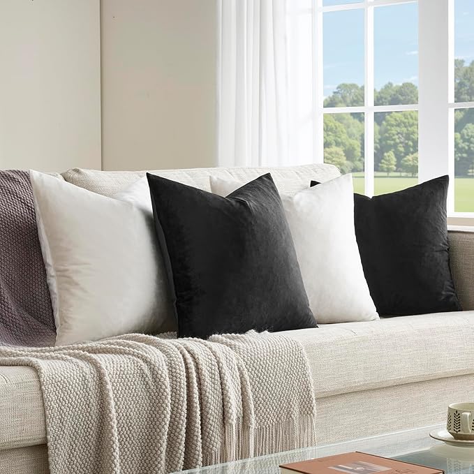 GIGIZAZA Pillow Covers 16x16 Set of 4,Black Ivory Velvet Soft Pillow Covers Decorative Square Modern Pillows Cushion Cases for Living Room