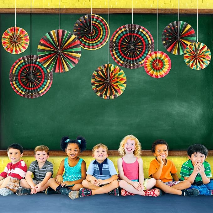 Outus Black History Month Decorations Paper Fans Juneteenth Hanging Paper Fans Kente Ceiling Wall Garland for African American Party Bulletin Board Classroom Decor(18 Pcs,Classic)