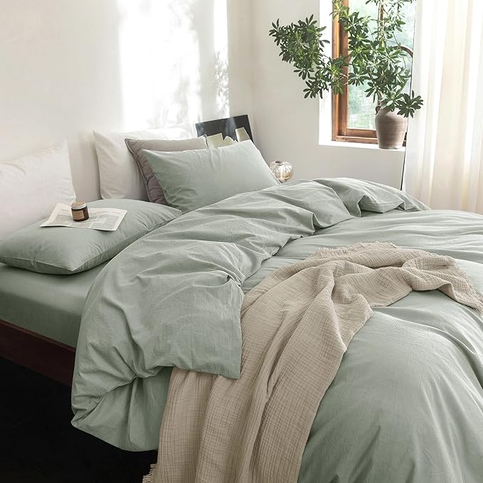 FOSSA Duvet Cover Set 100% Washed Cotton Linen Feel Super Soft Breathable Cozy 3 Pieces Bedding Sets Solid Sage Green Super Queen