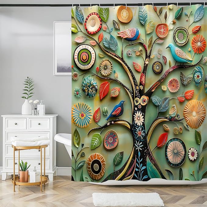 Bohemian Bathroom Curtain Colorful Boho Floral Print Beautiful Bright Polyester Fabric Cloth Shower Curtain for Bathroom Decoration, 72"x72"