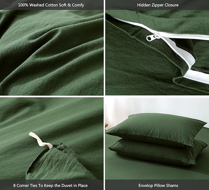 MooMee Bedding Duvet Cover Set 100% Washed Cotton Linen Like Textured Breathable Durable Soft Comfy (Solid Forest Green, Full 80"x90")